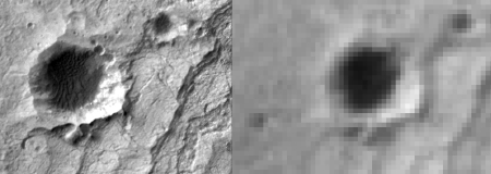 Comparison of MOC E2100030 and HiRISE TRA_000823_1720 images