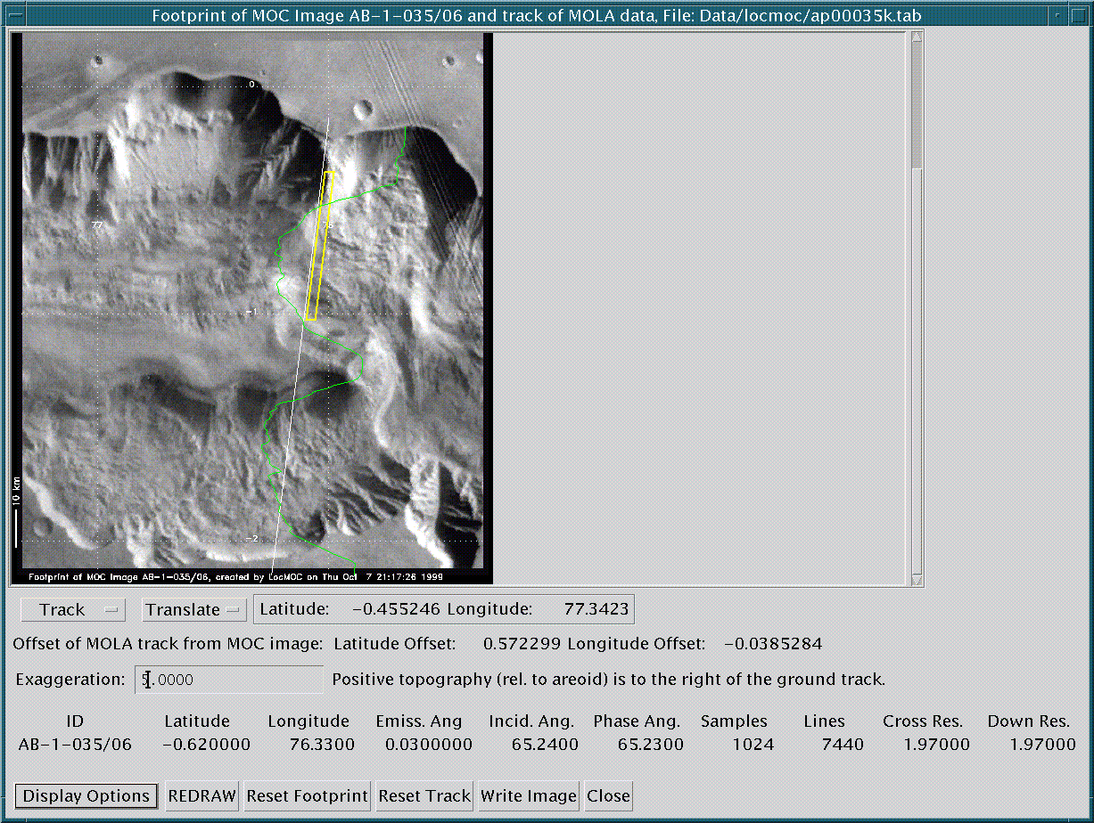 LocMOC display of MOC footprint and MOLA groundtrack over Viking